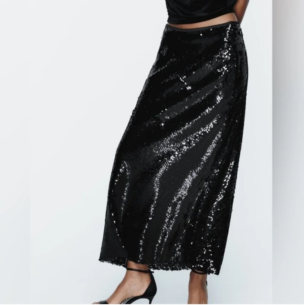 ZARA SEQUIN MIDI SKIRT size XS Black - Picture 9 of 13